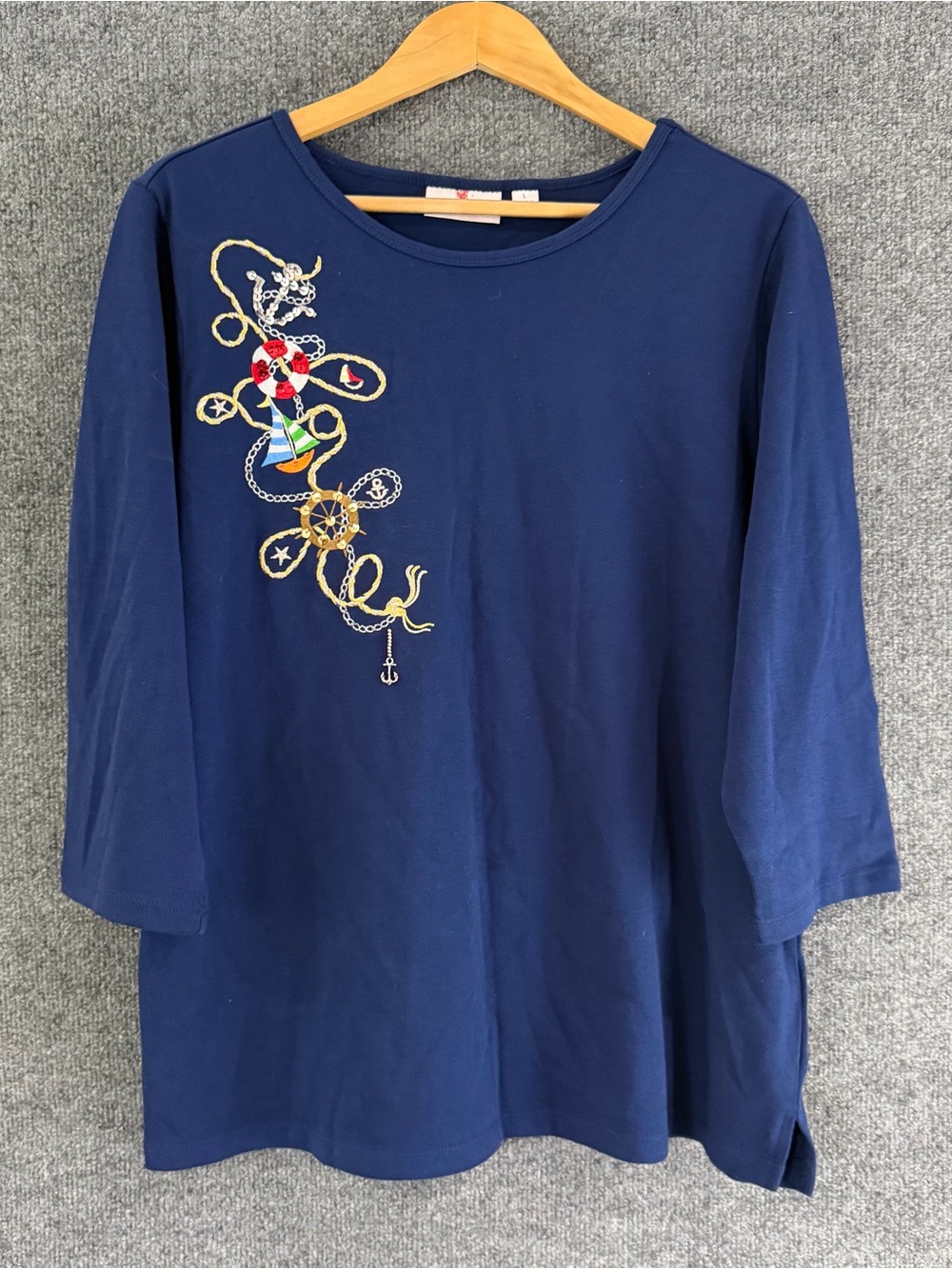 Quacker Factory Womens Embroidered Nautical 3/4 Sleeve Top Size Large Coastal